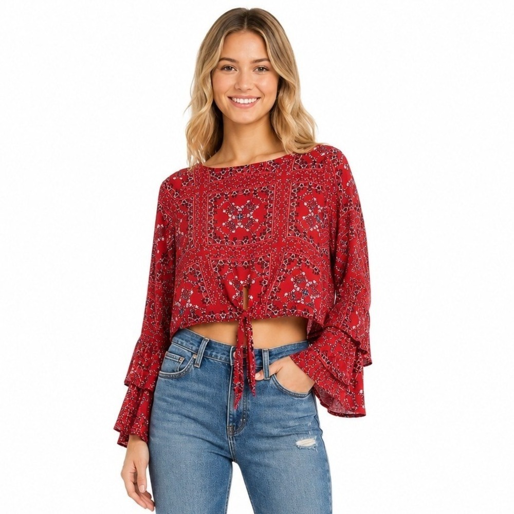 Altar'd State Crop Top Women‎ Small Red Bandana Print Boho Bell Sleeve